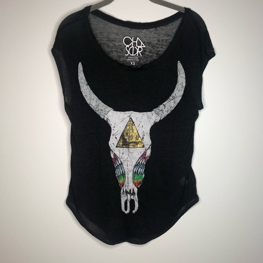 Chaser Skull and Rainbow Feather Black Shirt